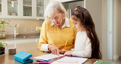 Buy stock photo Homework, grandmother and girl in kitchen with help, childcare and support with homeschool activity. Education, grandparent and kid with task aid, family guidance and assistance in home learning.