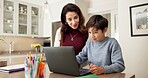 E learning, mother or boy in kitchen with laptop, parent guidance or help with remote education. Childcare, mom or son in house with tech, digital lesson or family support with homeschool activity.