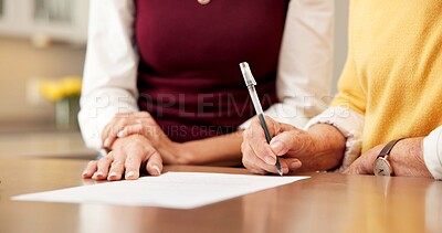 Buy stock photo People, hands and paperwork in home for signature, insurance agreement or retirement fund. Elderly woman, agent or document in house for policy registration, compliance or title deed for verification