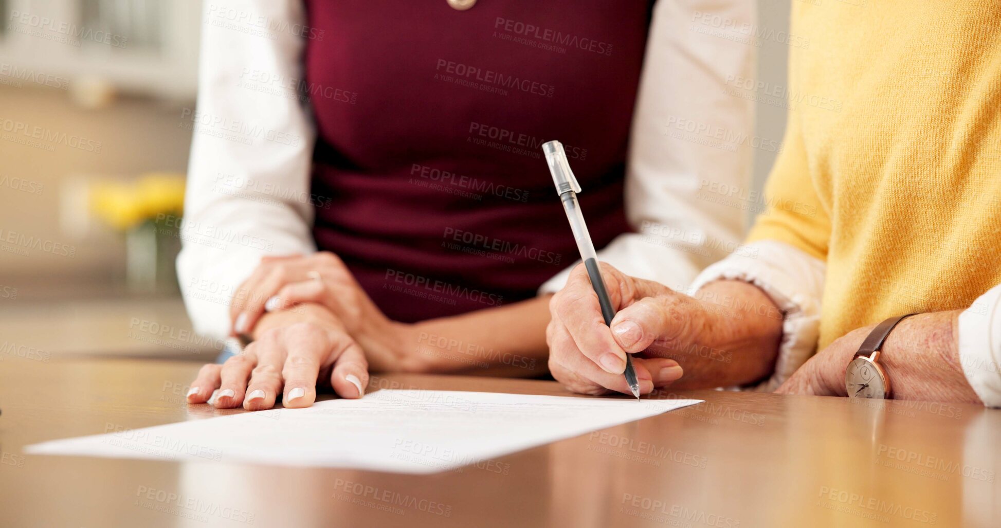 Buy stock photo People, hands and paperwork in home for signature, insurance agreement or retirement fund. Elderly woman, agent or document in house for policy registration, compliance or title deed for verification