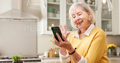 Buy stock photo Phone, wave and old woman in home with video call, social media and online meeting on weekend break. Happy, senior person and greeting in kitchen with tech, network and hello for virtual contact.