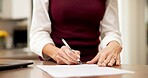 Woman, hands and document in home with signature, insurance agreement and policy update with pen. Person, client or paper in house with writing, service registration or identity verification on offer