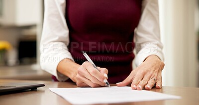 Buy stock photo Woman, hands and document in home with signature, insurance agreement and policy update with pen. Person, client or paper in house with writing, service registration or identity verification on offer