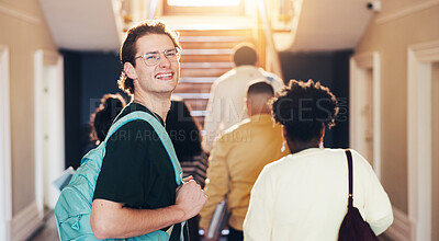 Buy stock photo Education, student and man at college with smile to start learning, youth development or growth. University, happy person and ready for knowledge, portrait or walk with backpack for study opportunity