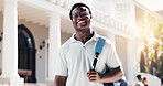 Portrait, man or smile at university campus, learning opportunity or student with academic optimism. Outdoor, college or happy black person with scholarship, growth or positive attitude for education
