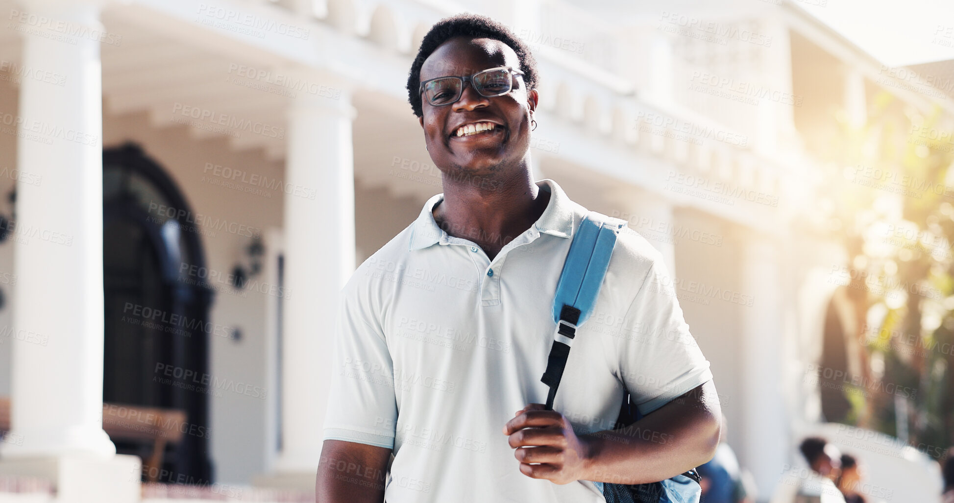Buy stock photo Portrait, man or smile at university campus, learning opportunity or student with academic optimism. Outdoor, college or happy black person with scholarship, growth or positive attitude for education