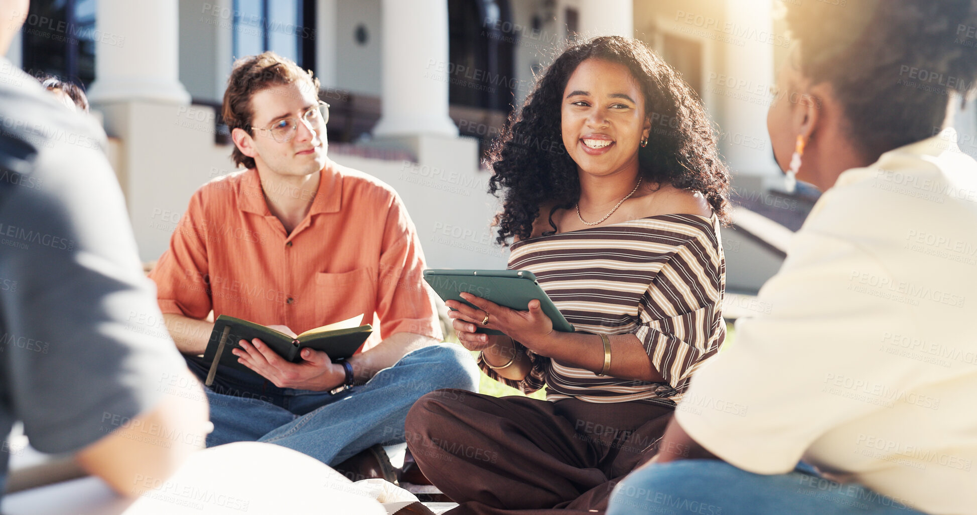 Buy stock photo Happy, woman and students at campus with tablet, online research and study curriculum for education. Smile, people and talking outdoor with digital, exam preparation and academic course for learning