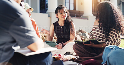 Buy stock photo Woman, students and talking at campus with tablet, research and study group for education. Happy, people and discussion at university with digital, exam preparation and academic course for learning