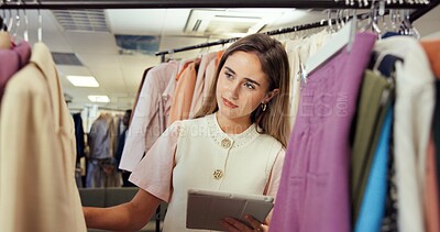 Buy stock photo Woman, tablet or fashion designer with clothing in store for inventory check or stock inspection. Female person, dressmaker or tailor with technology for garment selection, style or outfit production