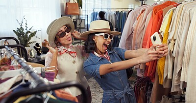 Buy stock photo Friends, selfie and happy women with hat in shopping mall, post or profile picture for social media. Fashion, photography and people with tongue out, laughing and content creation with sunglasses