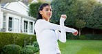 Stretching, fitness and woman in garden for exercise, workout and prepare for wellness in morning. Happy, backyard and person with warm up for mobility, flexibility and muscle health for training