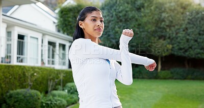 Buy stock photo Stretching, fitness and woman in garden for exercise, workout and prepare for wellness in morning. Happy, backyard and person with warm up for mobility, flexibility and muscle health for training