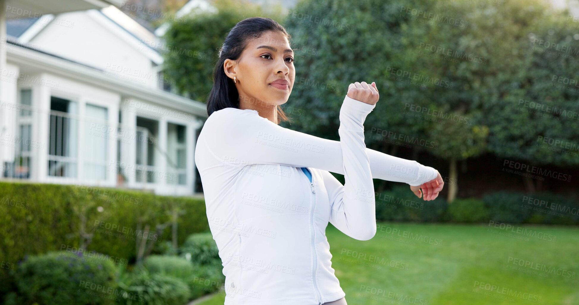 Buy stock photo Stretching, fitness and woman in garden for exercise, workout and prepare for wellness in morning. Happy, backyard and person with warm up for mobility, flexibility and muscle health for training