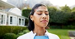 Outdoor, breathe and woman with calm for fitness, exercise and break for wellness in garden. Morning, eyes closed and person with rest, peaceful and fresh air for health, mindfulness and recovery