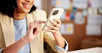 Hands, woman and phone at startup for logistics, email supplier and stock availability for delivery. Smile, person and reading in office with mobile, customer reviews and update pricing for ecommerce