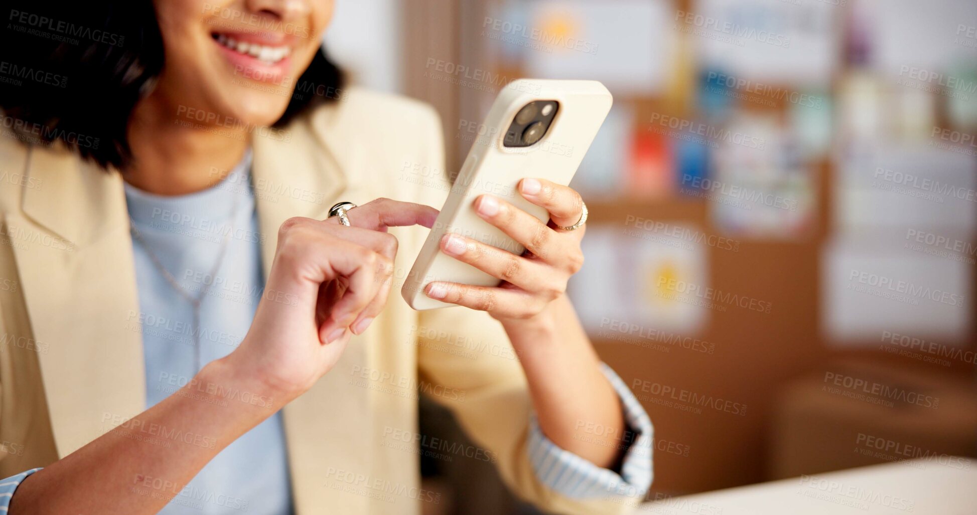 Buy stock photo Hands, woman and phone at startup for logistics, email supplier and stock availability for delivery. Smile, person and reading in office with mobile, customer reviews and update pricing for ecommerce