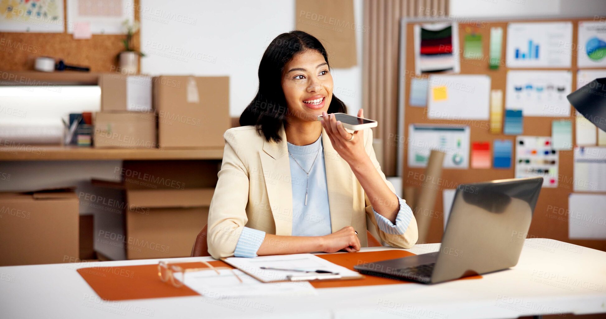 Buy stock photo Logistics, talking and happy woman with speaker phone in office for distribution or schedule order. Female person, employee or smile with loudspeaker for supply chain, delivery app or courier service