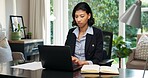 Businesswoman, typing and remote work in home with laptop, online bookkeeping and finance management. Accountant, person and hybrid job in house with computer, internet connection or financial report