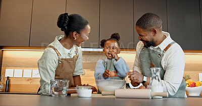 Buy stock photo Baking, kitchen and child with mom, dad and rolling pin for dough, recipe and learning together. Happy, family and black girl with mother, father and help for ingredients, meal prep and cooking