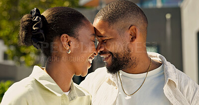 Buy stock photo Love, couple and forehead touch in backyard for connection, intimate moment and relationship trust. House, black people and happy with affection for bonding, commitment and quality time in marriage