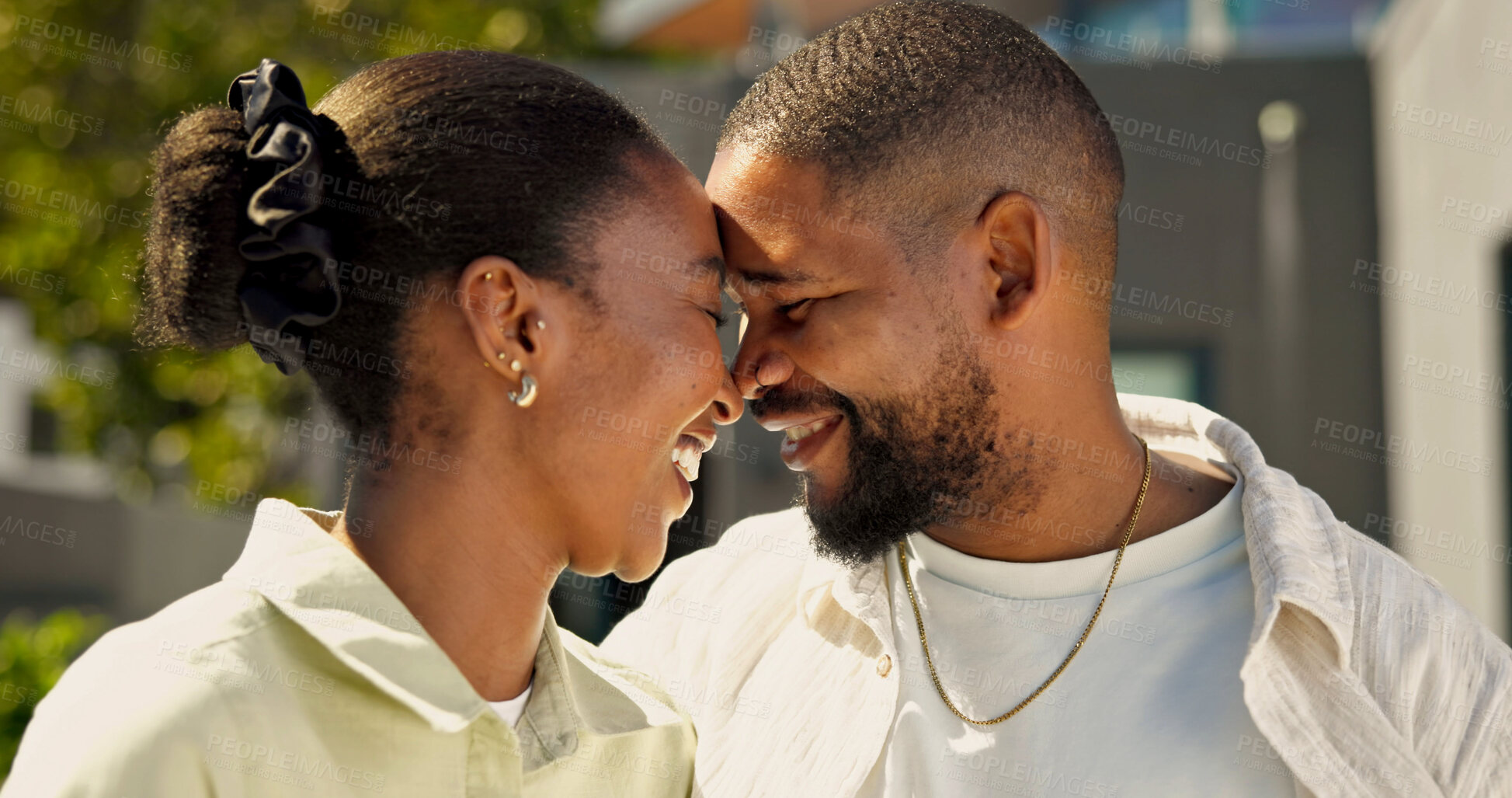 Buy stock photo Love, couple and forehead touch in backyard for connection, intimate moment and relationship trust. House, black people and happy with affection for bonding, commitment and quality time in marriage