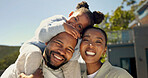Portrait, parents and child in backyard with new home, piggyback and smile for family investment. Happy, black people and mother outdoor by dream house with father, daughter or pride for real estate.