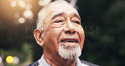Buy stock photo Senior, thinking and happy man with fresh air in park for outdoor fitness, workout or exercise. Elderly, male person or daydreaming with lens flare, peace or calm tranquility for health or wellness