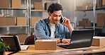 Ecommerce, man and laptop in office with phone call, online order and update courier on distribution. Person, typing and talk with tech for delivery contact, logistics or planning merchandise export.