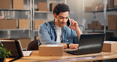 Buy stock photo Ecommerce, man and laptop in office with phone call, online order and update courier on distribution. Person, typing and talk with tech for delivery contact, logistics or planning merchandise export.