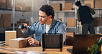 Box, scanner and man in ecommerce for order verification, inventory management and dispatch process. Person, logistics and scan package barcode in small business with tech, export and distribution.