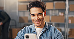 Logistics, happy and man in office with phone, order update and positive rating on ecommerce store. Distribution, digital and entrepreneur with technology, delivery progress or good review on webshop