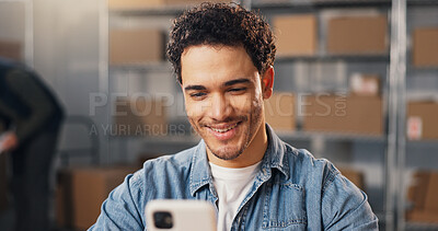 Buy stock photo Logistics, happy and man in office with phone, order update and positive rating on ecommerce store. Distribution, digital and entrepreneur with technology, delivery progress or good review on webshop