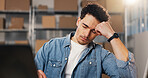 Man, headache and stress with laptop in logistics for shipping delay, tax inflation or freight issue. Frustrated, male person or mistake with cargo for distribution schedule, debt or financial error