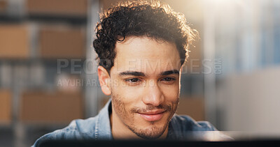 Buy stock photo Smile, man and logistics in office with laptop, research and supply chain for cargo distribution. Happy, person and review at startup with tech, stock availability and delivery schedule for ecommerce