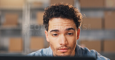 Buy stock photo Ecommerce, man and reading in warehouse with laptop, online and research courier price for shipping. Person, browsing and logistics in small business with computer, check delivery cost and expenses.
