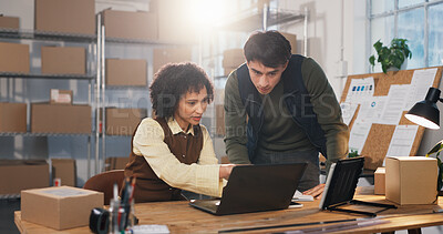 Buy stock photo Team, laptop and delivery with people in warehouse for tracking review, logistics and sku information. Collaboration, ecommerce and shipping inventory report with employees for order verification