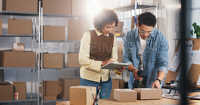 Buy stock photo Team, scan and tablet with people in warehouse for tracking review, logistics and sku information. Collaboration, ecommerce barcode and shipping inventory report with employees for order verification