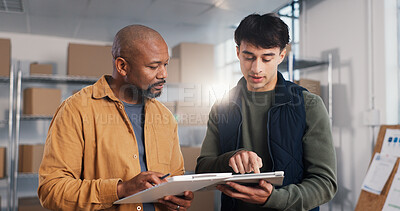 Buy stock photo Men, review and logistics in office with tablet, research and supply chain for cargo distribution. Team, reading and email at startup with digital, stock checklist and delivery agenda for ecommerce