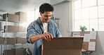 Box, logistics or packing with happy man in small business for online shipping or distribution. Male person, supplier or distributor with package or parcel for supply chain, delivery or courier order