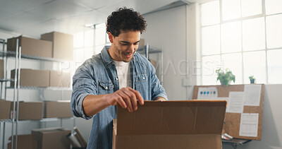 Buy stock photo Box, logistics or packing with happy man in small business for online shipping or distribution. Male person, supplier or distributor with package or parcel for supply chain, delivery or courier order