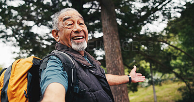 Buy stock photo Portrait, old man and hiking in forest with selfie, photography and social media for holiday post. Happy, senior person and pov in nature for backpacking, profile picture update and capture memory