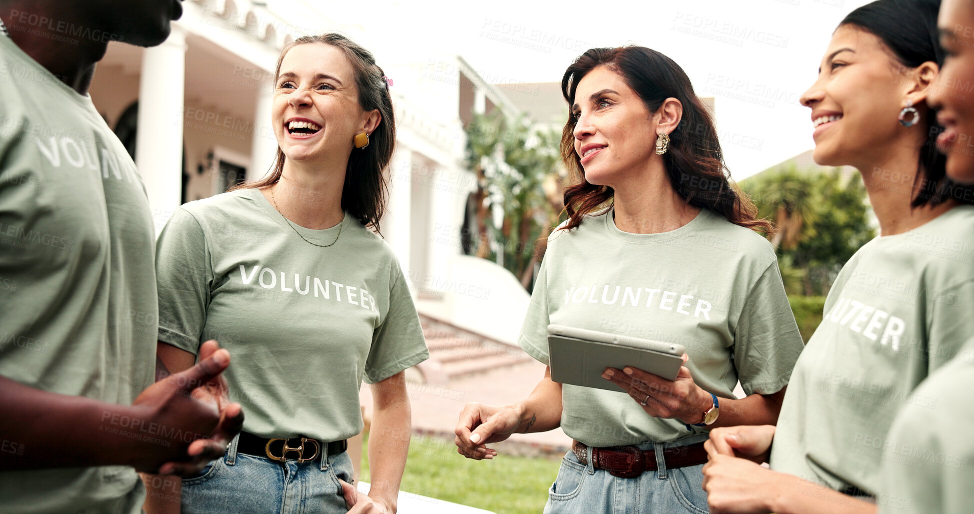 Buy stock photo Volunteer, happy people or tablet outdoor for group coordination, event preparation or planning. NGO, mature team leader or tech for donation briefing, duty schedule or progress update for fundraiser
