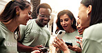 Volunteer, group or smile outdoor with phone, bts charity video or social interaction on team break. NGO, happy people or show mobile for donation progress, fundraising event post or bonding together