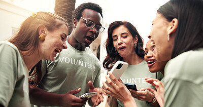 Buy stock photo Excited, people and phone outdoor for volunteering, good news and success of outreach target. Surprise, team or laugh with mobile for celebration, winning award and positive feedback on charity event