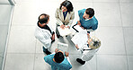 Documents, team and medical planning, above or clinic budget update with tablet in meeting. People, cost checklist or hospital discussion with doctors, nurses and healthcare resource evaluation