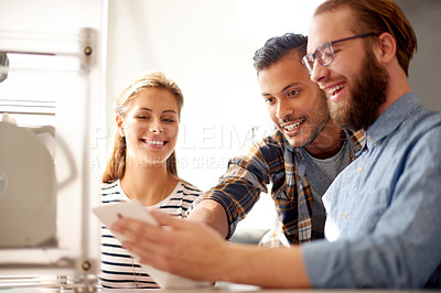 Buy stock photo 3D printer, collaboration and design with business people in creative workplace together for production. Engineering, prototype and tablet with employee team in office for manufacturing process