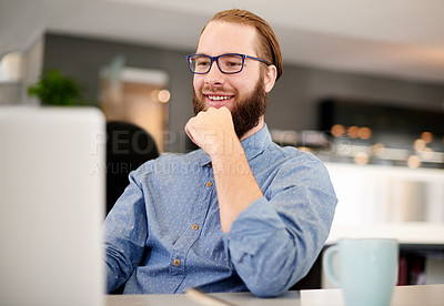Buy stock photo Happy, creative and man with laptop, office and proud of article on website, media and digital marketing. Reading, copywriter and person with tech for ad campaign, online and productivity in business
