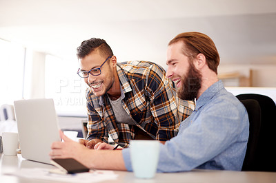 Buy stock photo Coaching, help and men with laptop, designer startup and cooperation with creative project. Business people, computer and employees in workplace, advice and ideas for proposal, brainstorming or smile