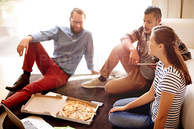 Buy stock photo Business people, pizza and teamwork with planning, laptop and brainstorming for creative project. Group, employees and web designers with cooperation, snack or pc with ideas, meeting or collaboration