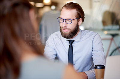 Buy stock photo Creative, team and business man in meeting for clothing brand campaign, planning and discussion. Startup designer, people and design collaboration in office for client feedback and project management